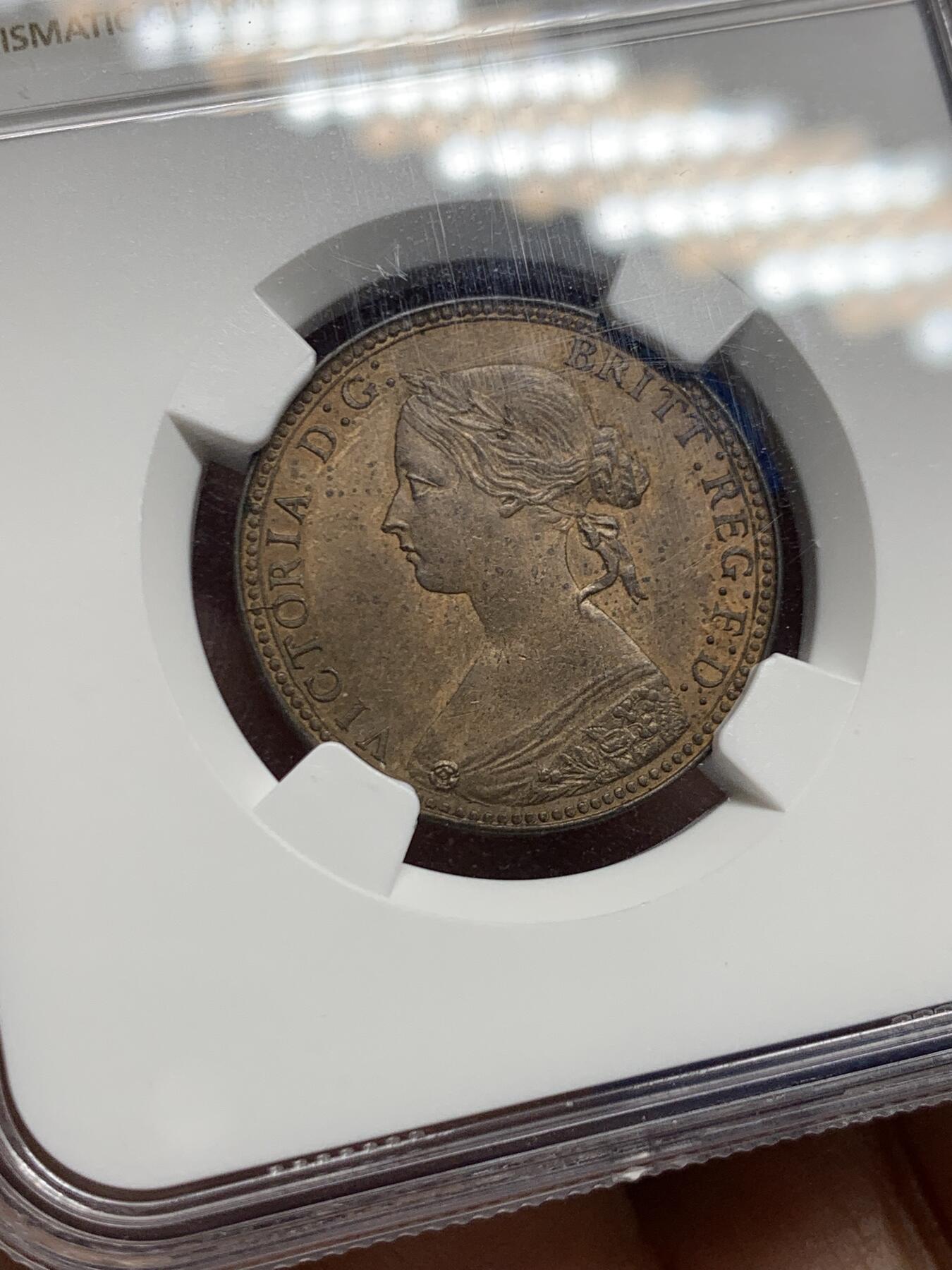 《竞宝斋》第463-465场 周日，周一，周二，3场连拍 （全场包邮）欢迎送拍 NGC MS63RB 英国1860年维多利亚1/2便士，女神肖像还是美女的版别，包浆增添了大海上的风暴感