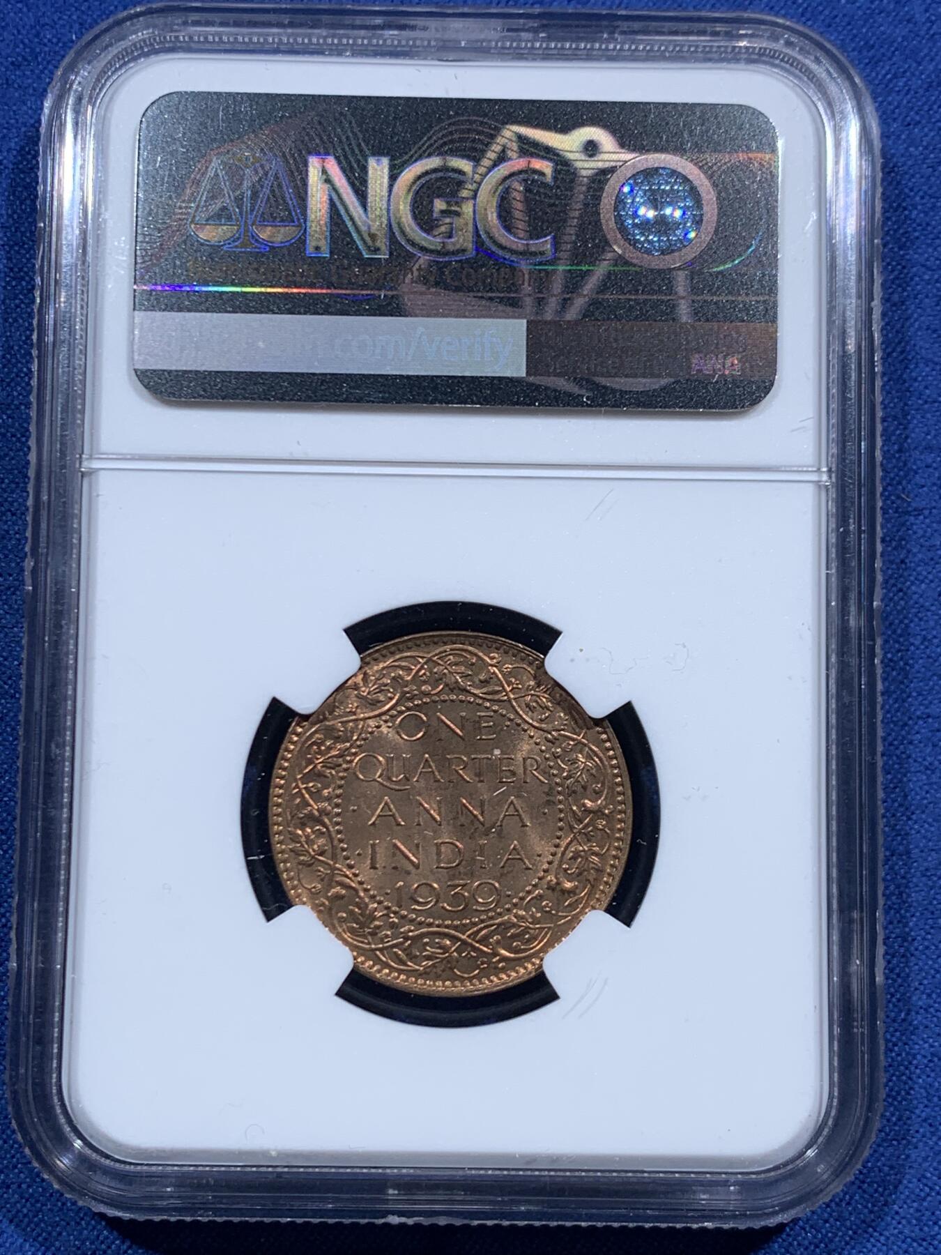 《竞宝斋》第463-465场 周日，周一，周二，3场连拍 （全场包邮）欢迎送拍 NGC MS63RB 英属印度1939年B版1/4安娜铜币