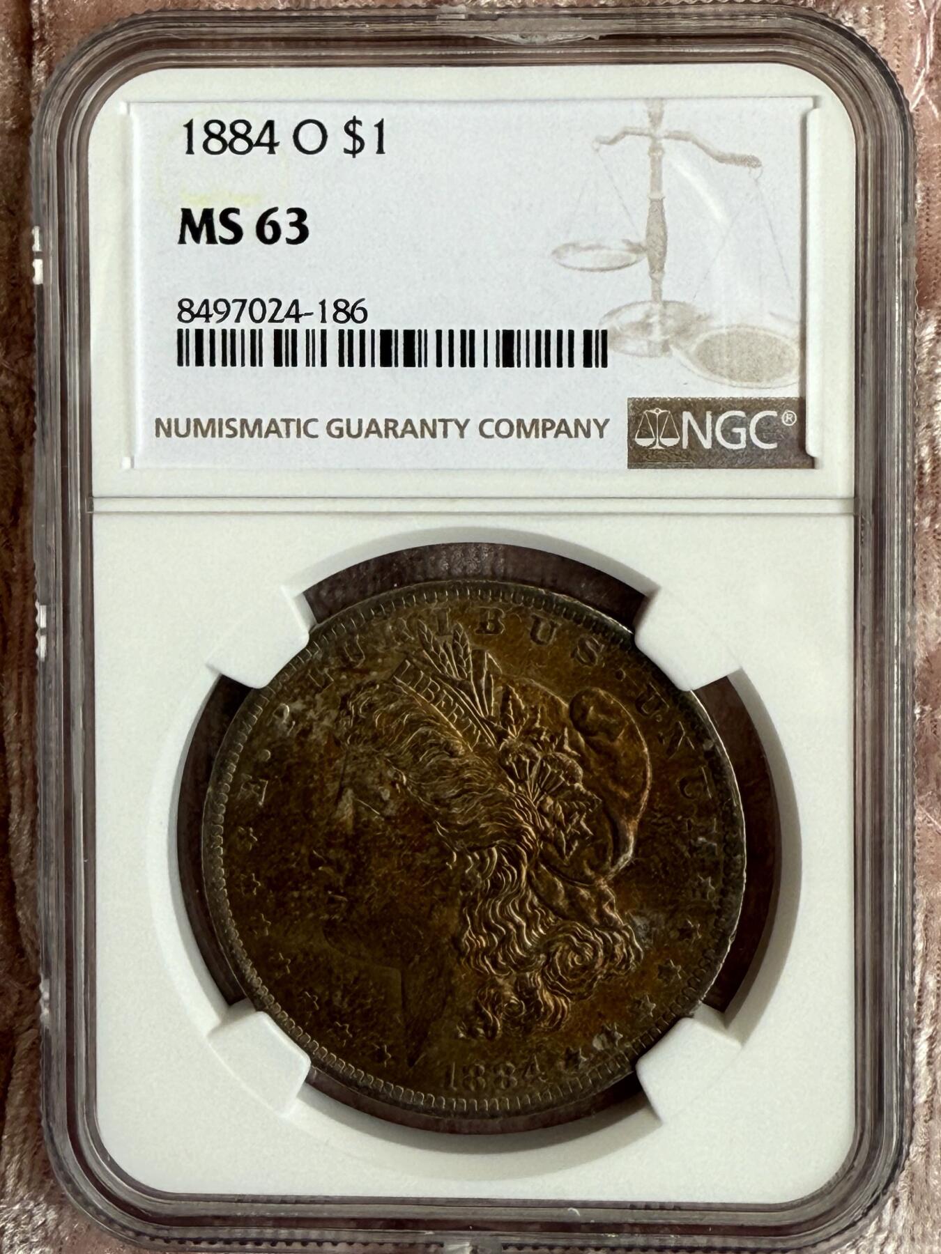 【美，炫彩】1884-O $1 美国摩根银币，NGC MS63分，高点细节俱在，鹰羽完整，金彩味道一流
