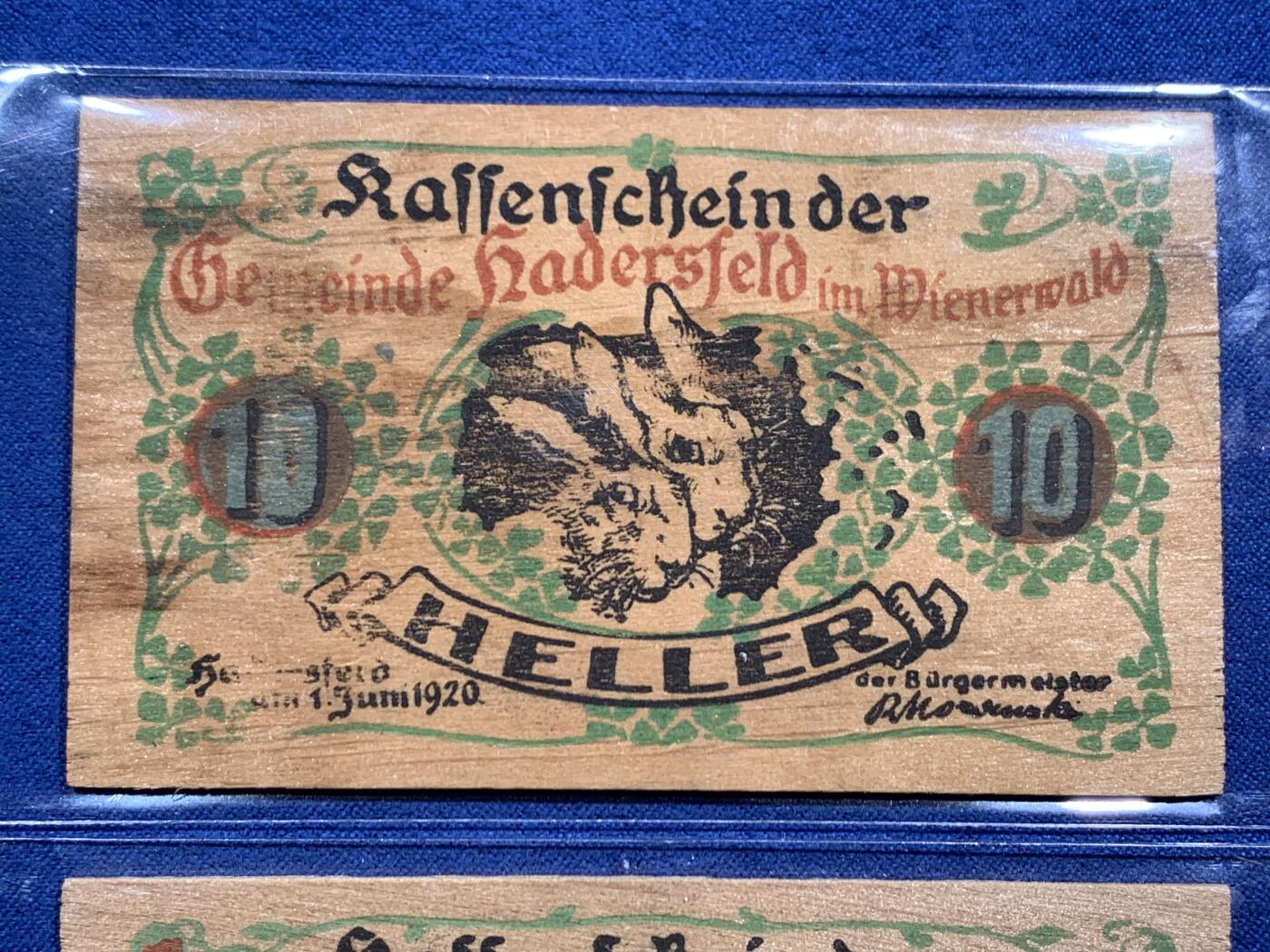 《竞宝斋》第463-465场 周日，周一，周二，3场连拍 （全场包邮）欢迎送拍 奥地利Hadersfeld哈德斯菲尔德，1920年10-20-50赫勒 木质紧急状态币 比较淡雅的为多字版，成套不易。年代久远，木头不易保存，如此品相的依然难得一见