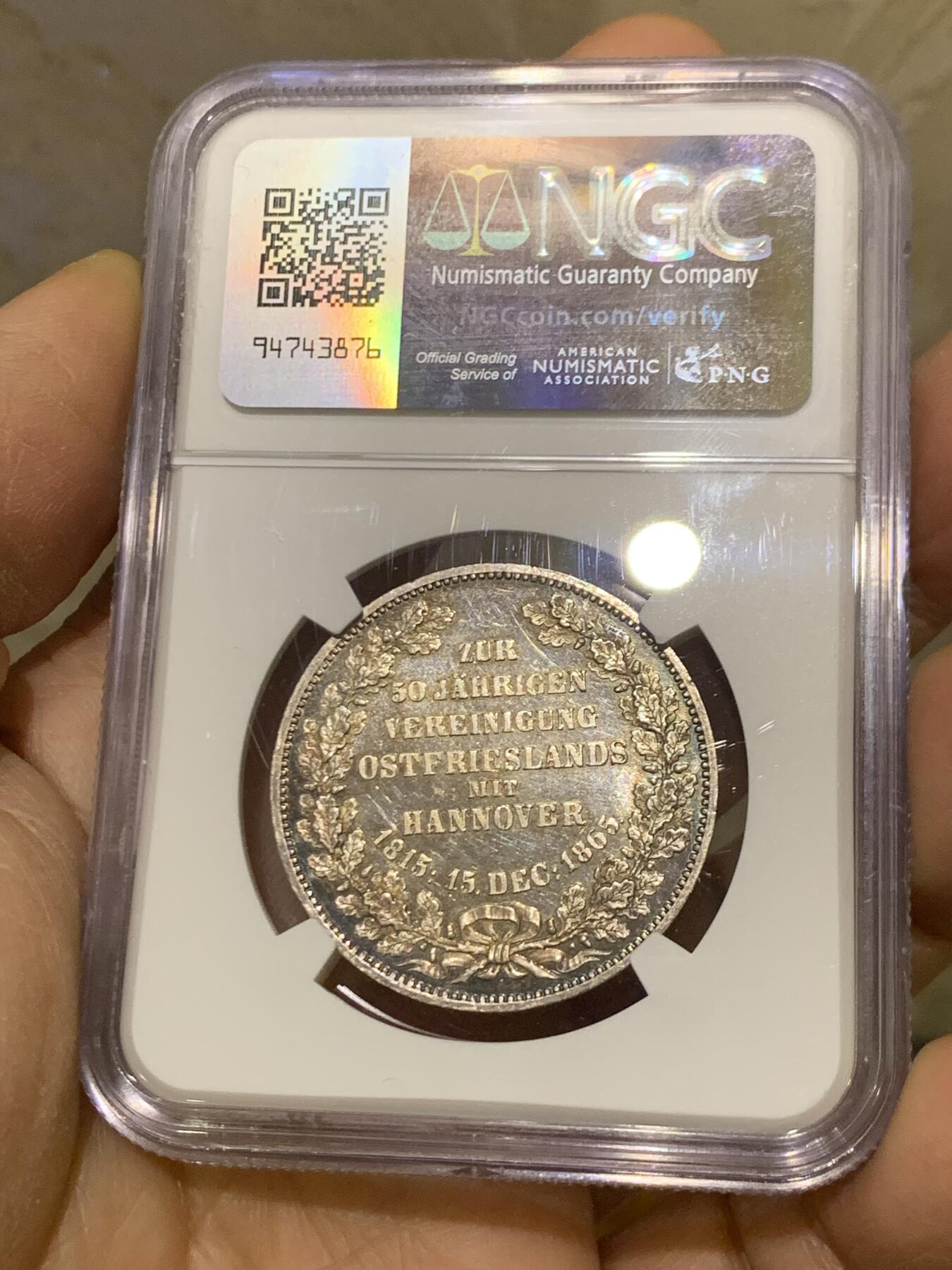 《竞宝斋》第463-465场 周日，周一，周二，3场连拍 （全场包邮）欢迎送拍 NGC MS62 德国 1865汉诺威和东弗里士兰联合50周年纪念泰勒，PL底板 发行量仅1000枚，是同系列橡树泰勒发现量的一半 非常难遇的品种