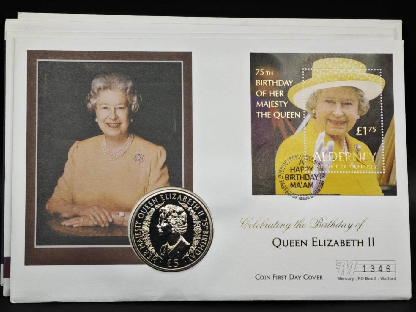 【淘币小摊】限时拍第八百六十二拍  克朗币邮币封场  满百包邮可预留两周  周一统一发货  奥尔德尼2001年女王75周岁5镑纪念币邮币封