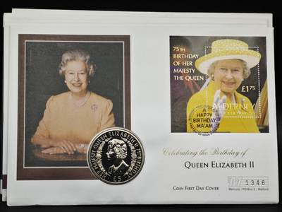 【淘币小摊】限时拍第八百六十二拍  克朗币邮币封场  满百包邮可预留两周  周一统一发货  - 奥尔德尼2001年女王75周岁5镑纪念币邮币封