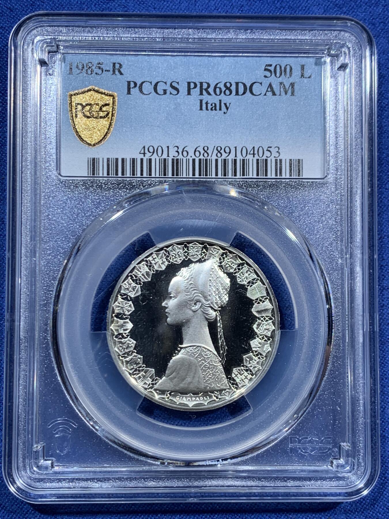 《竞宝斋》第463-465场 周日，周一，周二，3场连拍 （全场包邮）欢迎送拍 亚军分 PCGS PR68DCAM 意大利 1985年 帆船少女 精制500里拉银币 首年发行的精制 镜面光十足