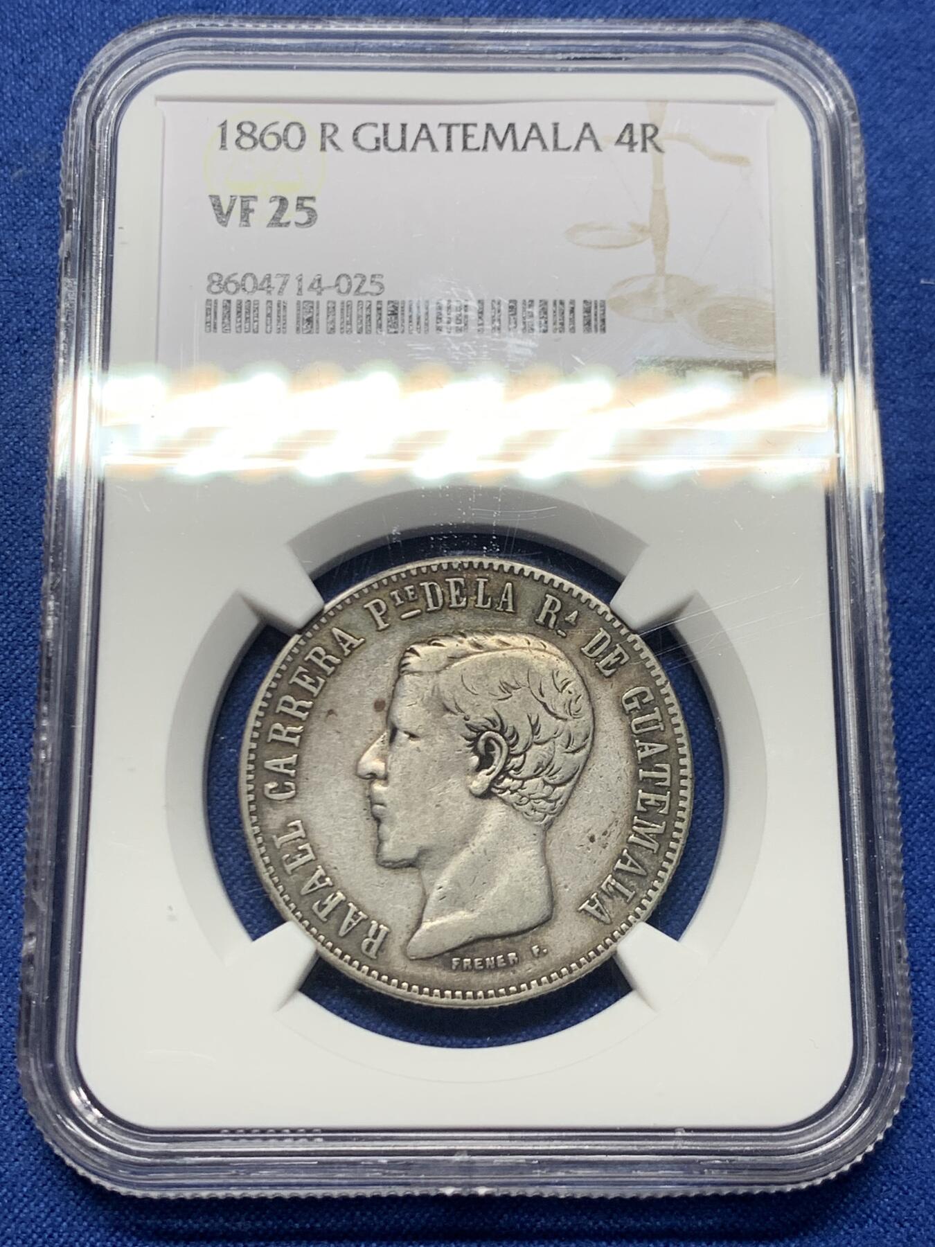 《竞宝斋》第463-465场 周日，周一，周二，3场连拍 （全场包邮）欢迎送拍 NGC VF25 危地马拉 1860年 4里亚尔银币 仅发行4760枚 特殊版本