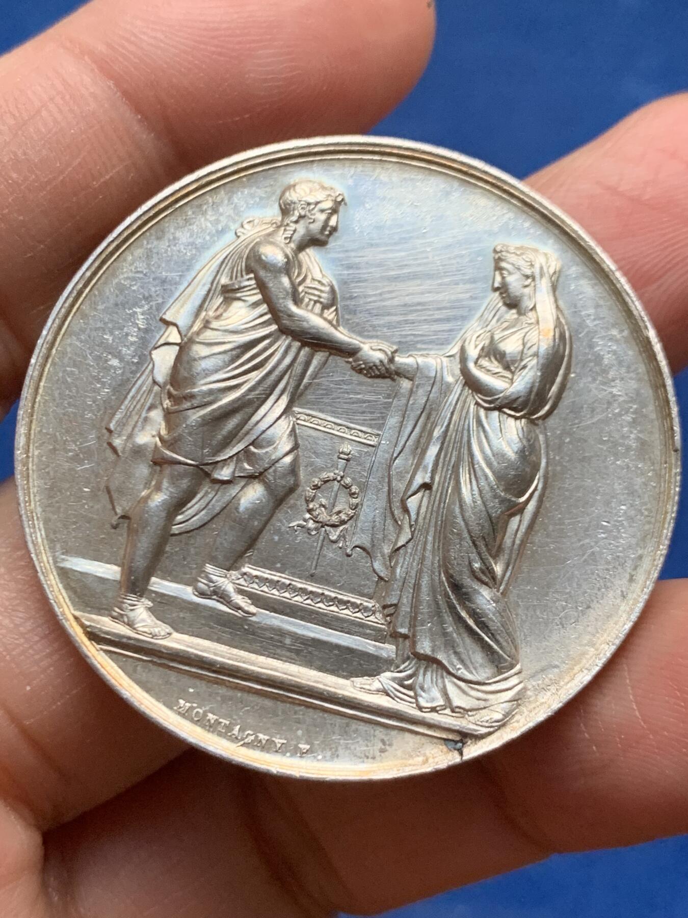 《竞宝斋》第463-465场 周日，周一，周二，3场连拍 （全场包邮）欢迎送拍 法国1867年婚礼纪念银章 41.3mm 30.55g 蜜蜂边铭