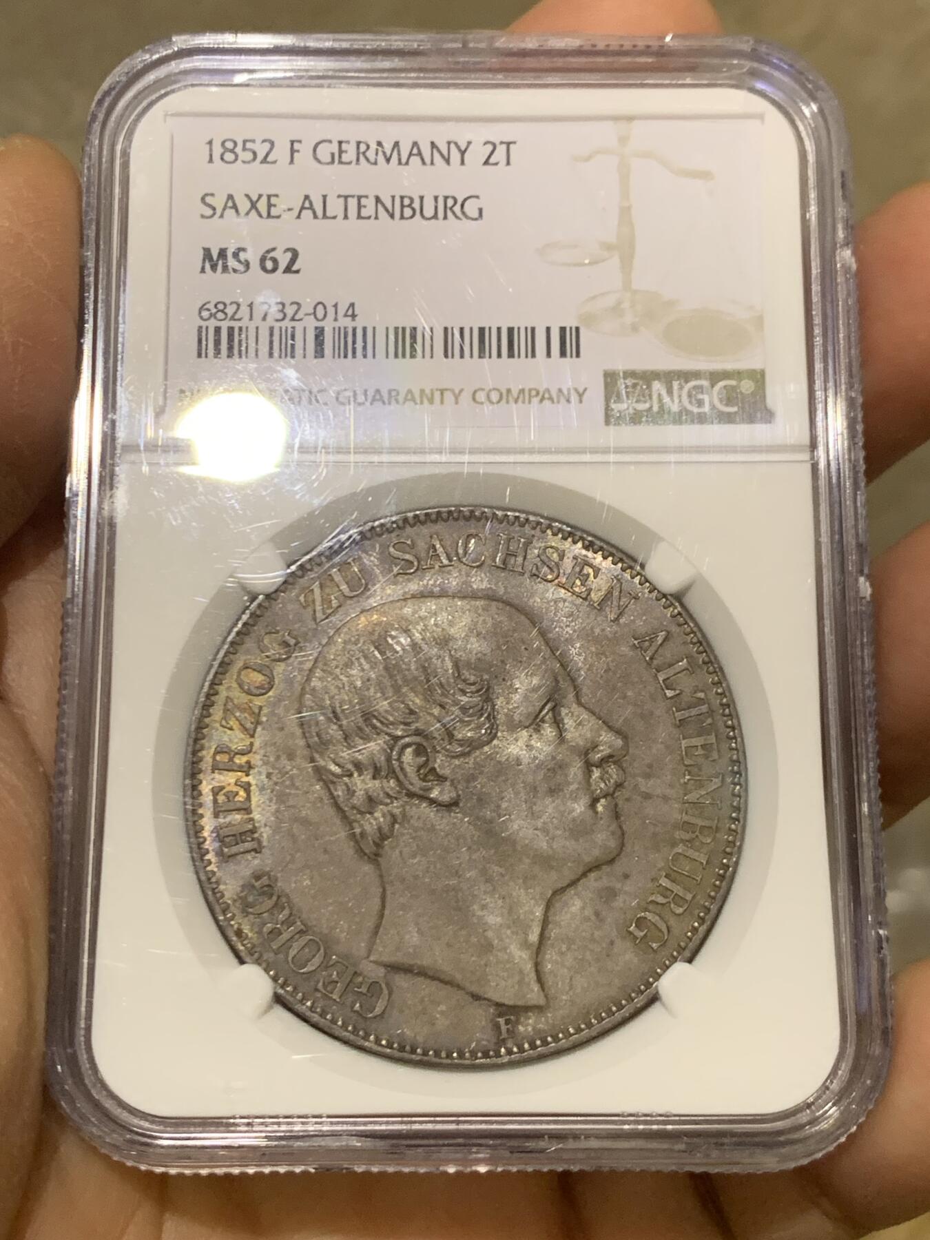 《竞宝斋》第463-465场 周日，周一，周二，3场连拍 （全场包邮）欢迎送拍 NGC MS62 德国 1852年 萨克森-阿尔滕堡公国 2泰勒大37克的大银币 发行仅9400枚 不可多得的藏品