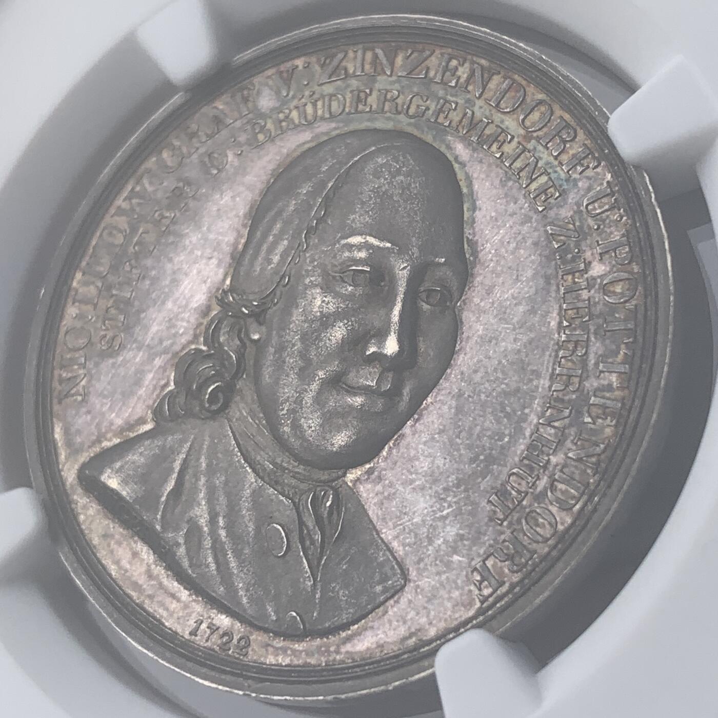 掌中浮雕-藏着的欧洲第052场 NGC MS63 : 1822年莫拉维亚教会德语分支受萨克森伯爵青岑多夫庇护百年银章，33mm