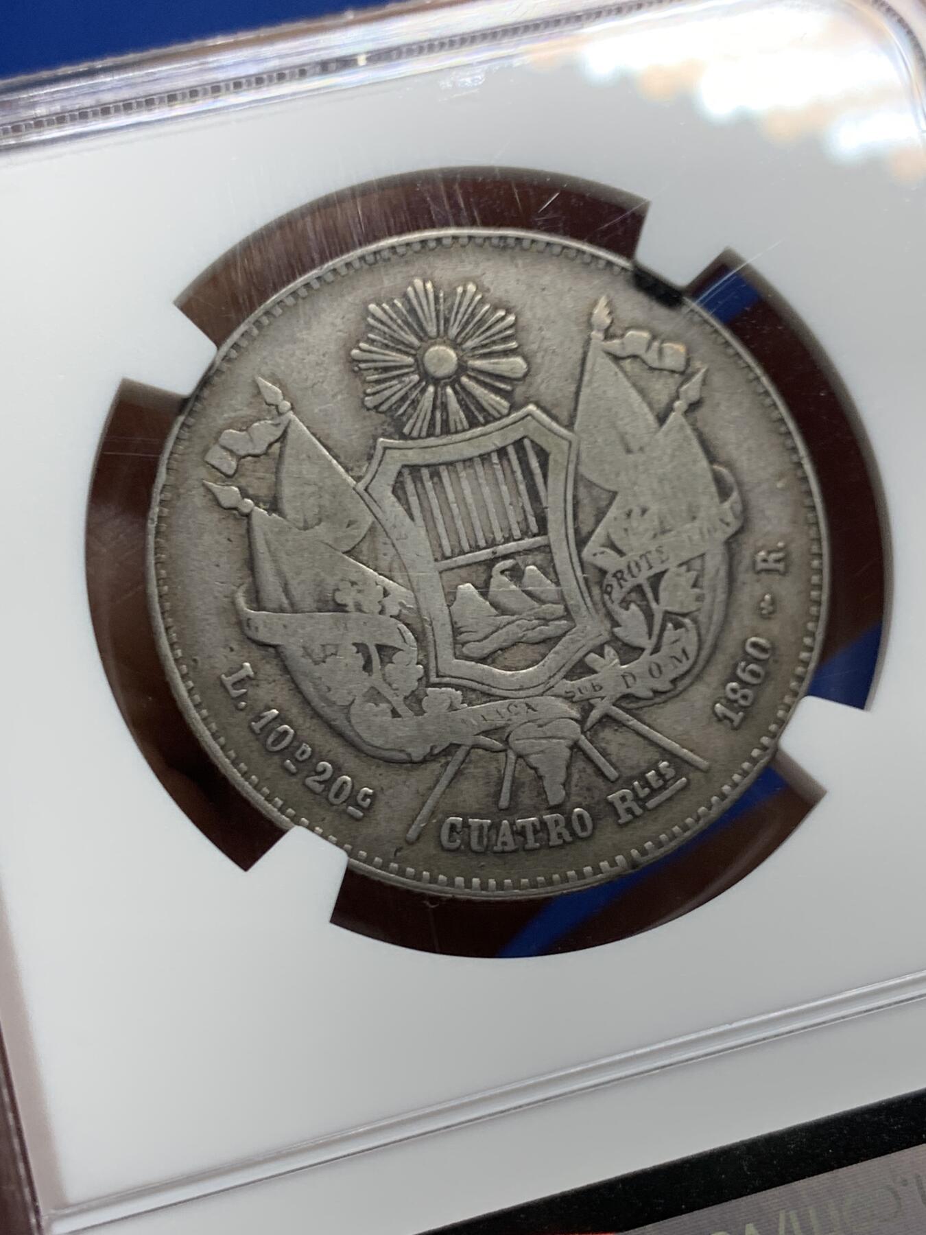 《竞宝斋》第463-465场 周日，周一，周二，3场连拍 （全场包邮）欢迎送拍 NGC VF25 危地马拉 1860年 4里亚尔银币 仅发行4760枚 特殊版本