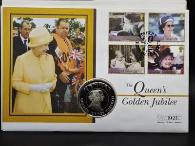 【淘币小摊】限时拍第八百六十二拍  克朗币邮币封场  满百包邮可预留两周  周一统一发货  - 福克兰群岛2002年女王登基金禧50便士纪念币邮币封