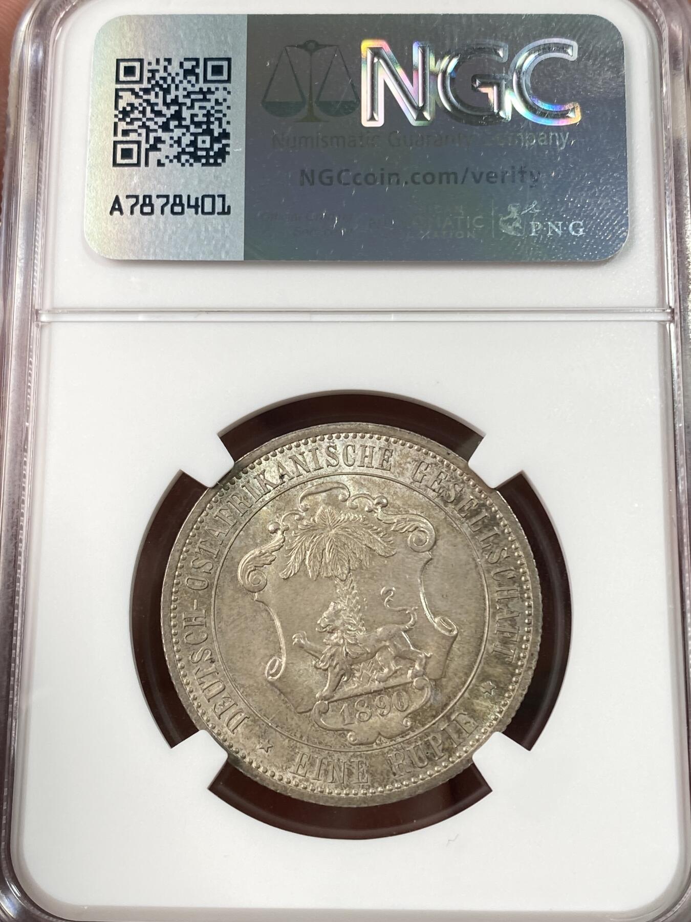 万国钱币拍卖第060期（万国六十期纪念大拍） NGC MS64 1890德属东非威廉二世戎装1卢比 德属大热门品种 全深打原味五彩裹身 观感超越分数的典藏级品质