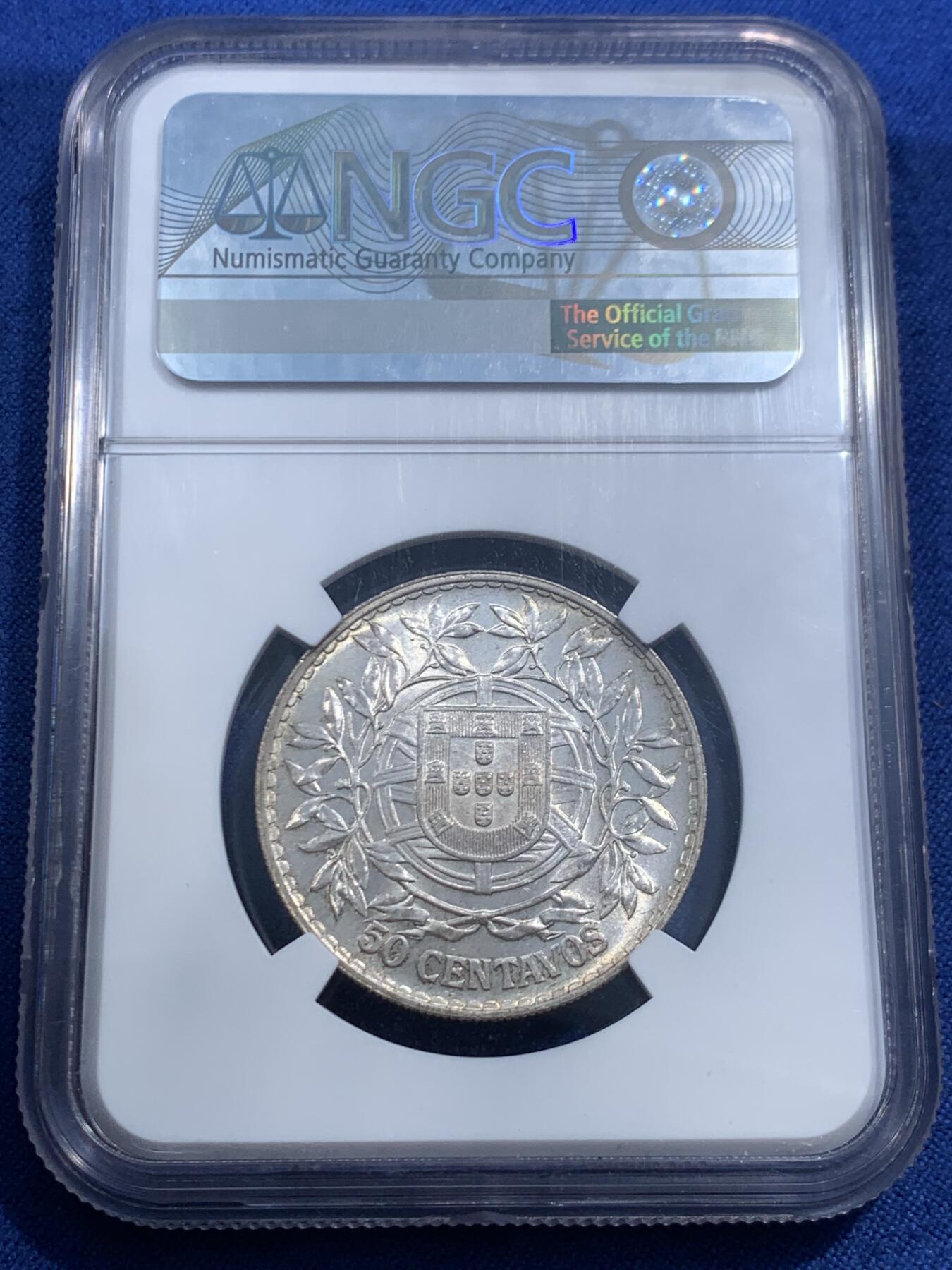 《竞宝斋》第463-465场 周日，周一，周二，3场连拍 （全场包邮）欢迎送拍 NGC MS62 葡萄牙1916年女神50分银币