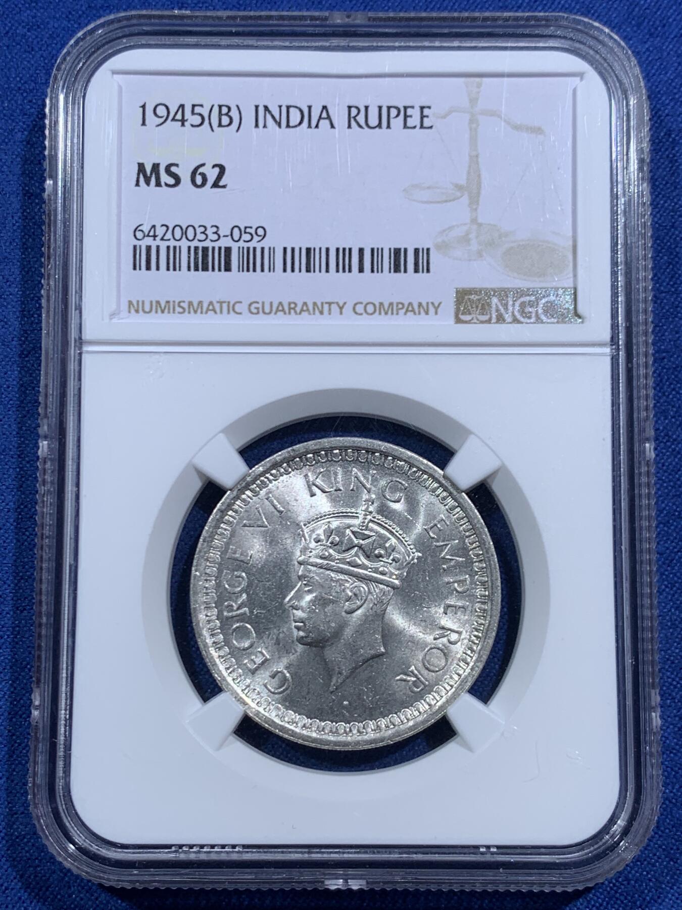 《竞宝斋》第463-465场 周日，周一，周二，3场连拍 （全场包邮）欢迎送拍 NGC MS62 印度1945年乔治六世1卢比银币