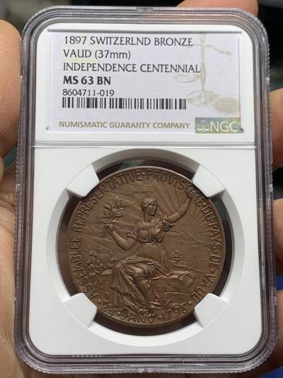 《竞宝斋》第463-465场 周日，周一，周二，3场连拍 （全场包邮）欢迎送拍 - NGC MS63BN 瑞士1897年沃州独立一百周年纪念铜章