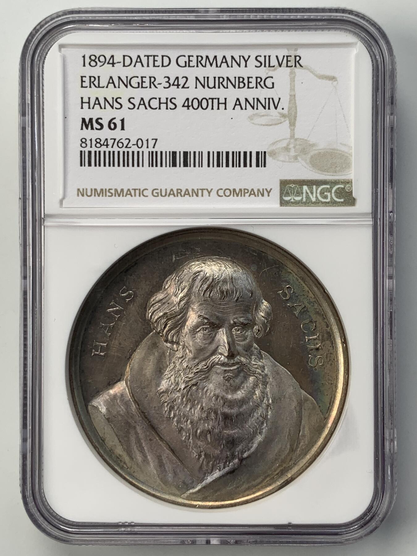 掌中浮雕-藏着的欧洲第052场 NGC MS61 : 1894年德国纽伦堡纪念汉斯·萨克斯诞辰400周年银章，45mm