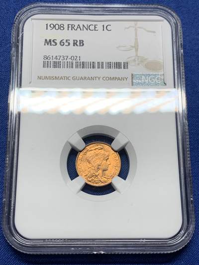 《竞宝斋》第463-465场 周日，周一，周二，3场连拍 （全场包邮）欢迎送拍 - NGC MS65RB 法国1908年玛丽安娜头像1生丁铜币，来自拍行的小批量库存，百年来未留下丝毫被岁月侵蚀的痕迹，没有理由的RB，送pc的全给了red，分数也大有低估。
