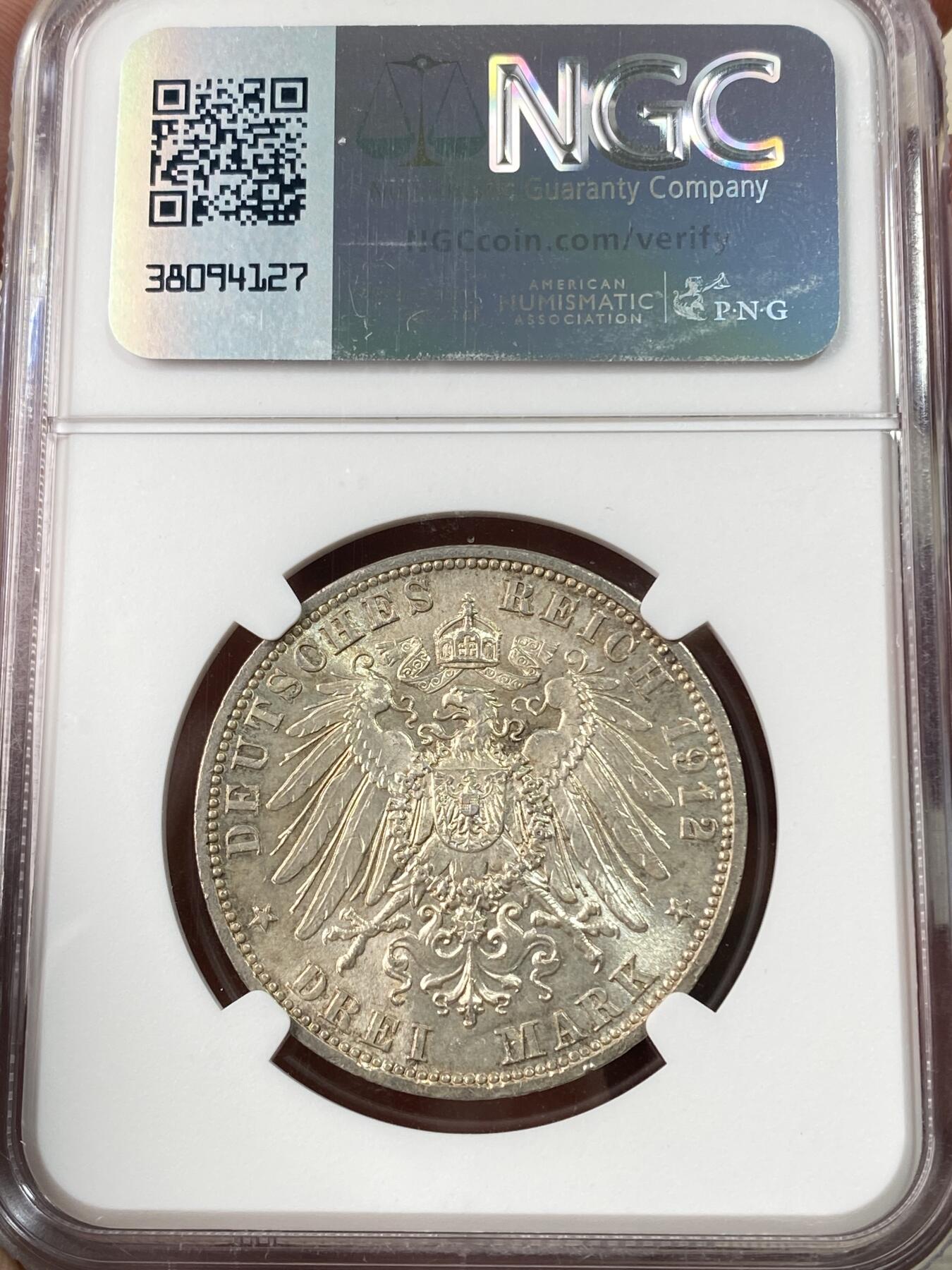 万国钱币拍卖第060期（万国六十期纪念大拍） NGC MS62 1912德国普鲁士威廉二世长翅流通3马克 原味淡彩转光好品