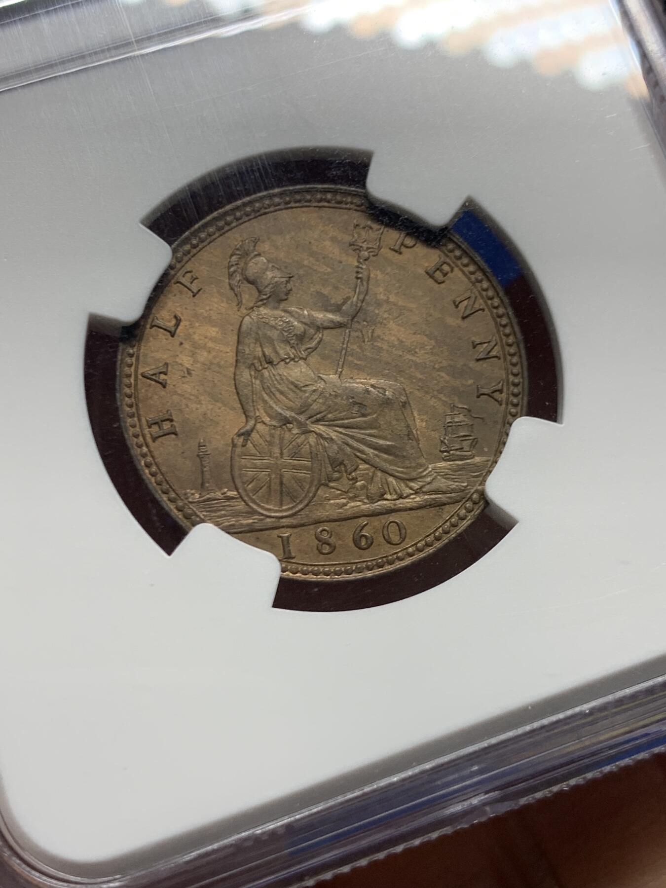 《竞宝斋》第463-465场 周日，周一，周二，3场连拍 （全场包邮）欢迎送拍 NGC MS63RB 英国1860年维多利亚1/2便士，女神肖像还是美女的版别，包浆增添了大海上的风暴感