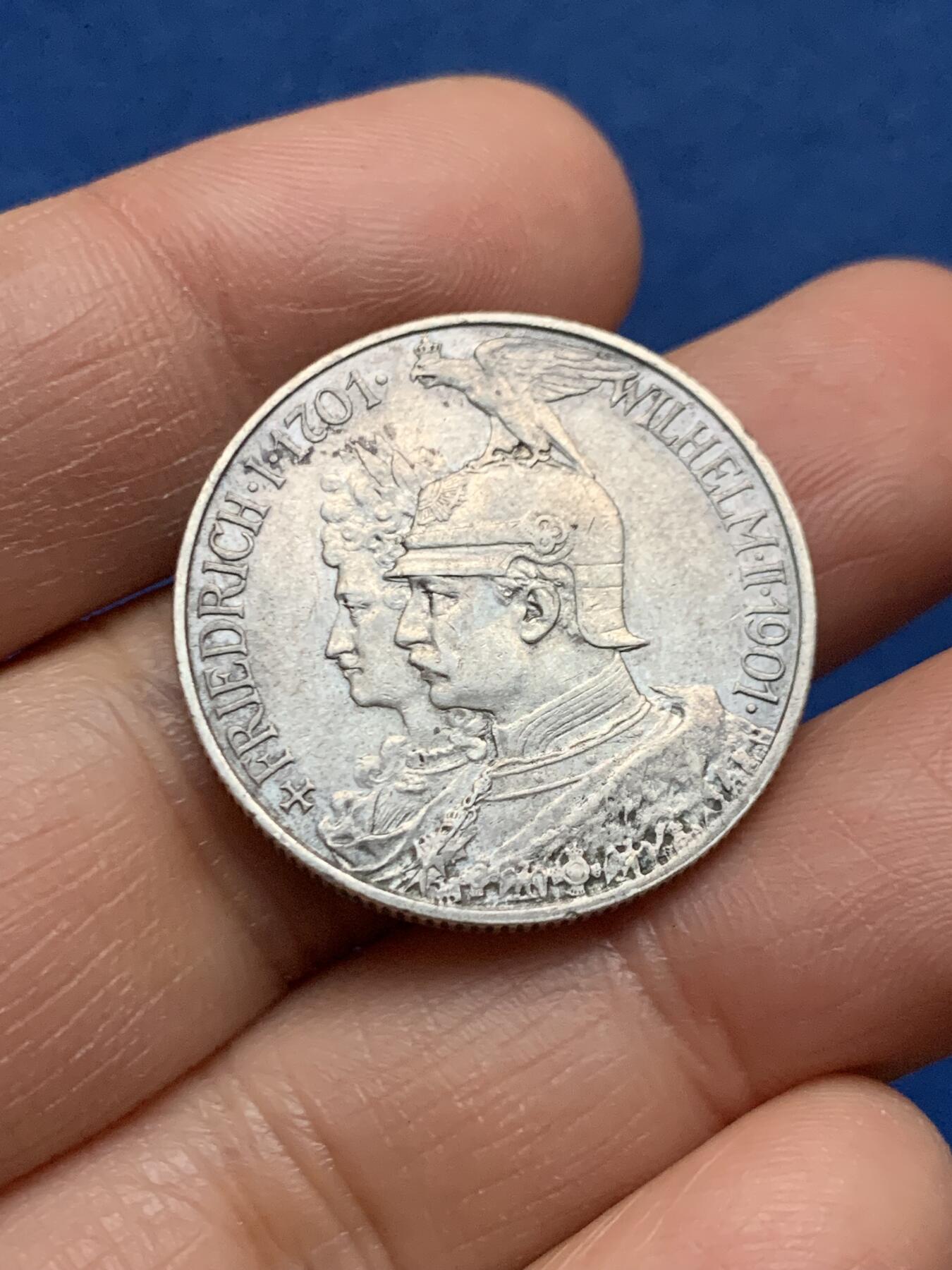 《竞宝斋》第463-465场 周日，周一，周二，3场连拍 （全场包邮）欢迎送拍 德国1901年普鲁士建国2马克银币 11.1克