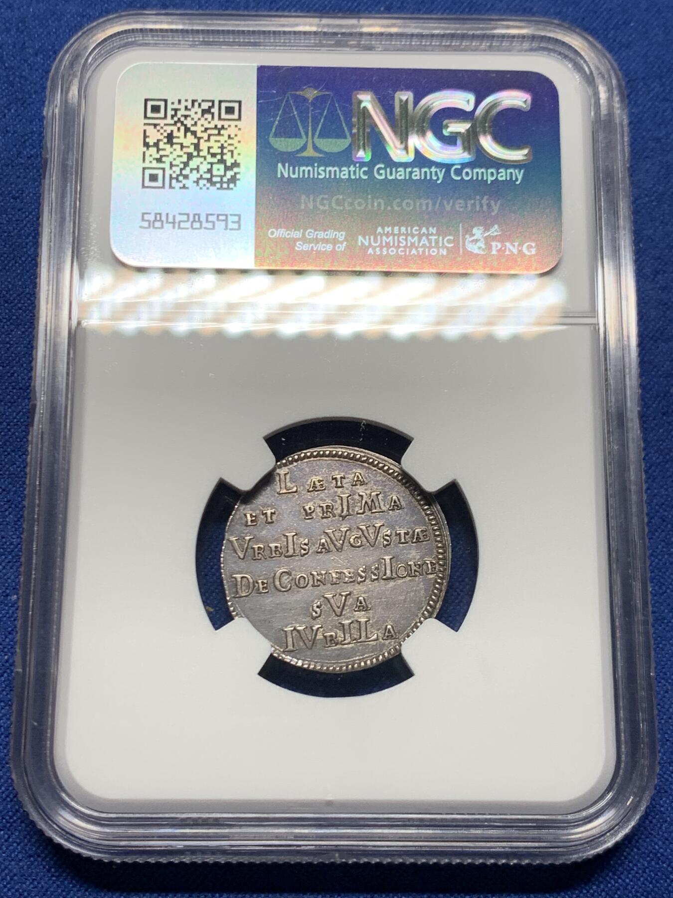 《竞宝斋》第463-465场 周日，周一，周二，3场连拍 （全场包邮）欢迎送拍 NGC UNCD 德国 奥格斯堡 1730年 杜卡特 银币 金币试模的银样币 纪念宗教改革条约签订200周年铸造 背面大写字母相加能够得出年份 非常有历史意义和趣味性的一枚 克书价高 少见品种