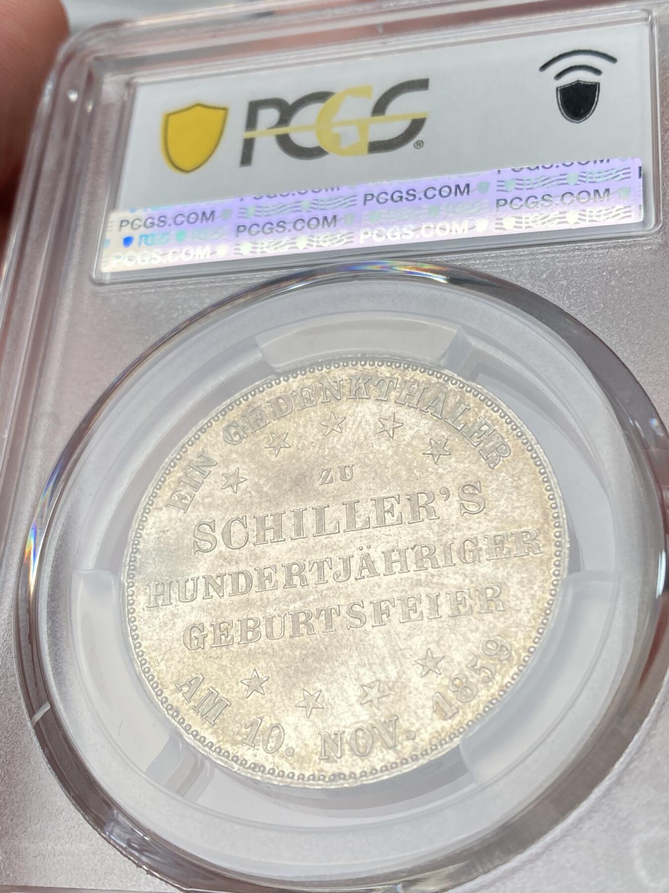 万国钱币拍卖第060期（万国六十期纪念大拍） PCGS MS64  1859德国法兰克福自由市纪念席勒诞辰百年泰勒 为纪念德国诗人弗里德里希·席勒诞辰一百周年而铸 由美因河畔法兰克福造币厂发行 双面转光香槟金彩环绕 状态出众