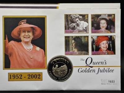 【淘币小摊】限时拍第八百六十二拍  克朗币邮币封场  满百包邮可预留两周  周一统一发货  - 福克兰群岛2002年女王登基金禧50便士纪念币邮币封