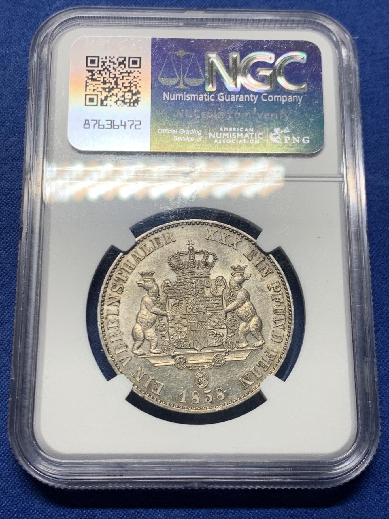 《竞宝斋》第463-465场 周日，周一，周二，3场连拍 （全场包邮）欢迎送拍 NGC MS62 德国 1858 安哈特德邵双小熊流通泰勒，首年发行，NGC亚军分，难度极大的小邦品种