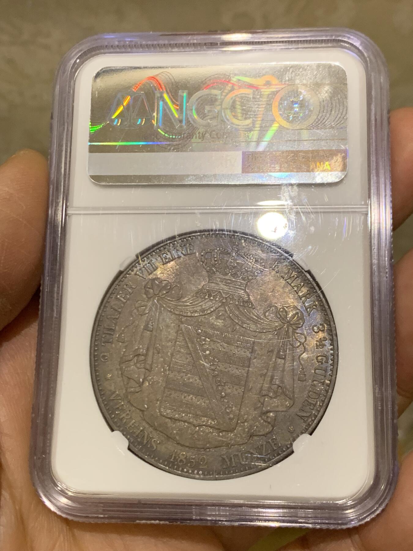 《竞宝斋》第463-465场 周日，周一，周二，3场连拍 （全场包邮）欢迎送拍 NGC MS62 德国 1852年 萨克森-阿尔滕堡公国 2泰勒大37克的大银币 发行仅9400枚 不可多得的藏品