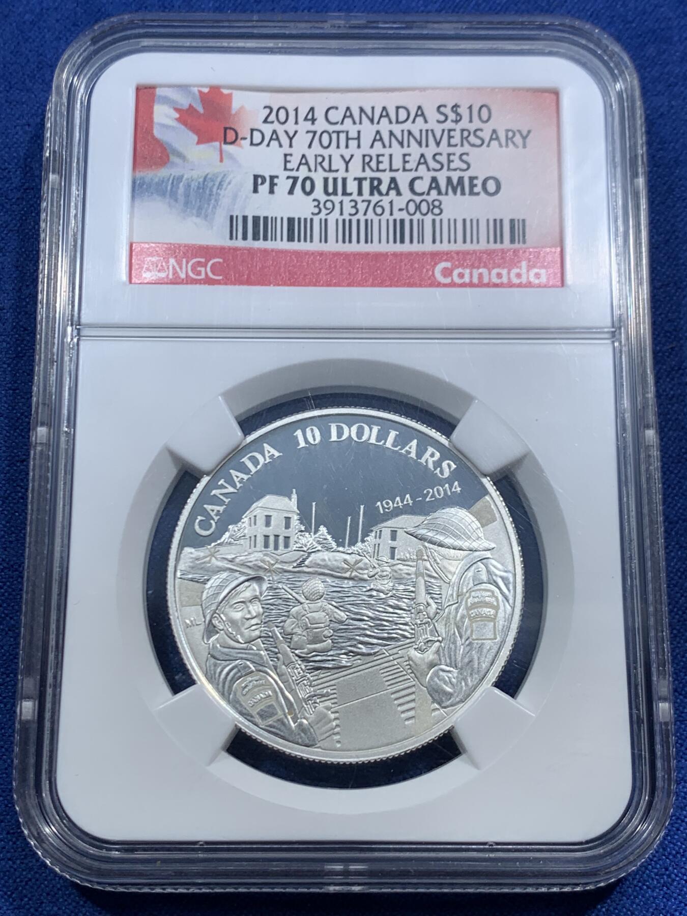 《竞宝斋》第463-465场 周日，周一，周二，3场连拍 （全场包邮）欢迎送拍 NGC PF70UC 加拿大2014年D-DAY诺曼底登陆70周年10加元精制纪念银币（15.87克重，半盎司，999银，币径34MM，限量发行8003枚，二战经典纪念题材玩家必备）