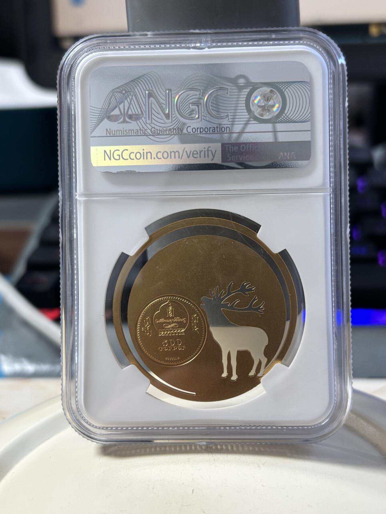 第190期拍卖 蒙古2017年自然动物麋鹿镂空镀金纪念银币NGC-MS69，925银镀金，1/2盎司，发行2500枚