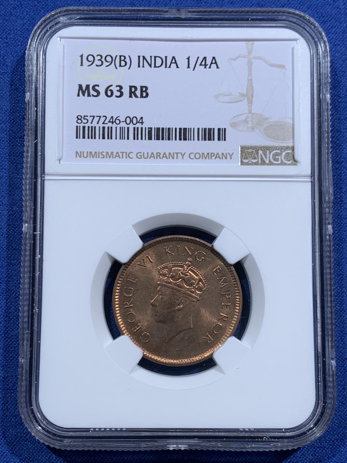 《竞宝斋》第463-465场 周日，周一，周二，3场连拍 （全场包邮）欢迎送拍 NGC MS63RB 英属印度1939年B版1/4安娜铜币