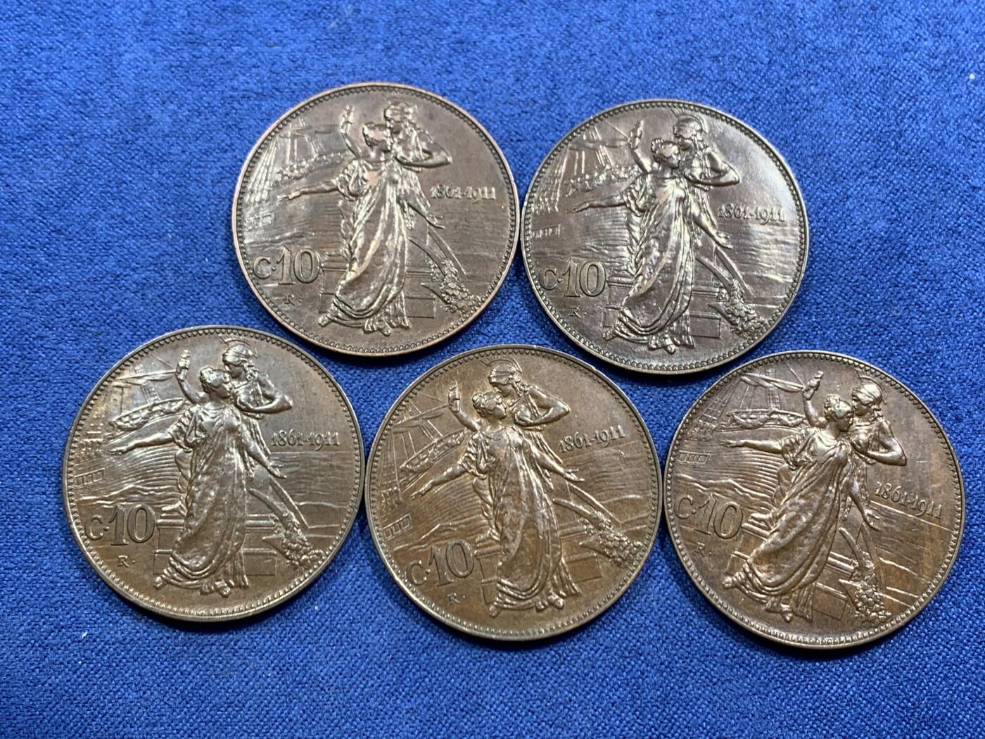 《竞宝斋》第463-465场 周日，周一，周二，3场连拍 （全场包邮）欢迎送拍 五枚一组 好品 意大利1911年10分铜币