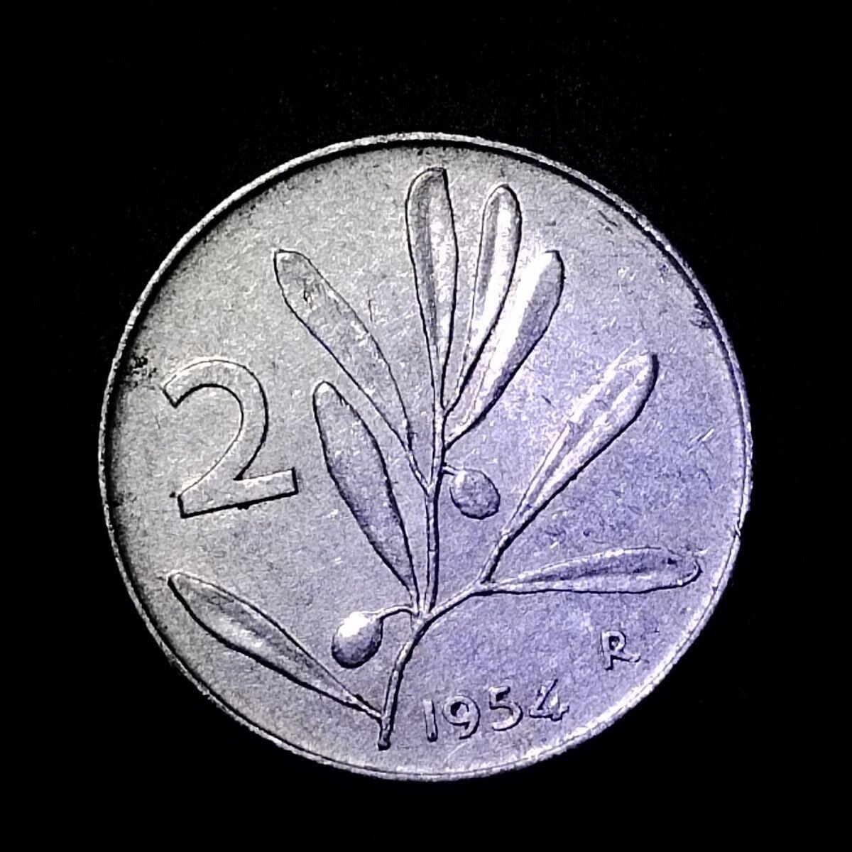 稀少意大利1954年2里拉铝币橄榄树和小蜜蜂18mm 保真按图发货8412