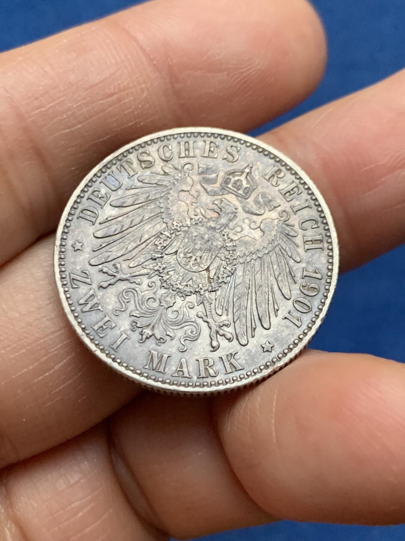 《竞宝斋》第463-465场 周日，周一，周二，3场连拍 （全场包邮）欢迎送拍 德国1901年普鲁士建国2马克银币 11.1克