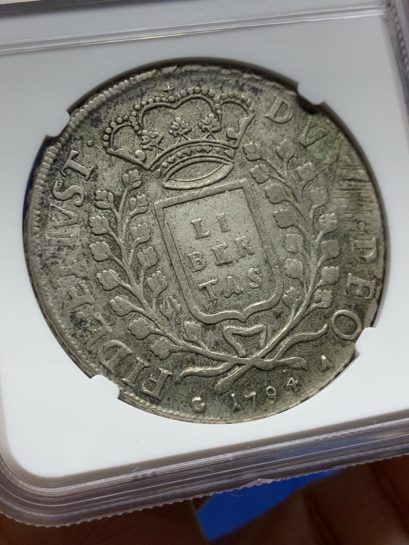 《竞宝斋》第463-465场 周日，周一，周二，3场连拍 （全场包邮）欢迎送拍 NGC VFD 拉古萨共和国 1794年 2杜卡特 银币 奥地利统治时期发行 不是常见的执政官头像 极为稀少的特蕾莎女王版 传世老包浆 细节尚可