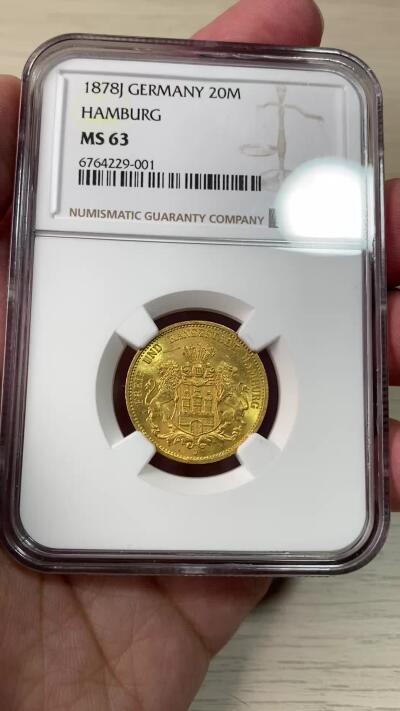 万国钱币拍卖第060期（万国六十期纪念大拍） NGC MS63 1878德国汉堡自由市流通短翅20马克金币 三个自由市中唯一发行过的短翅版本 金光闪烁难得好品 7.96g 900金