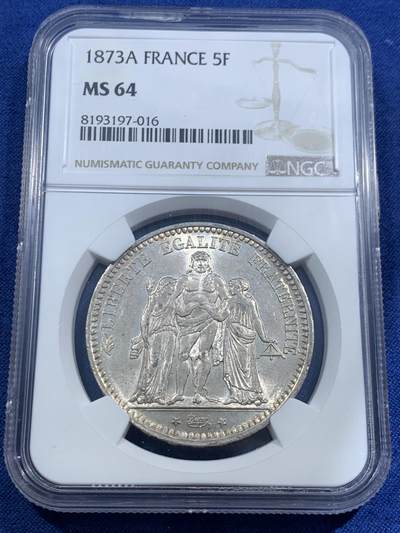 《竞宝斋》第463-465场 周日，周一，周二，3场连拍 （全场包邮）欢迎送拍 - NGC MS64 法国1873大力神5法郎大银币，底板光度很好