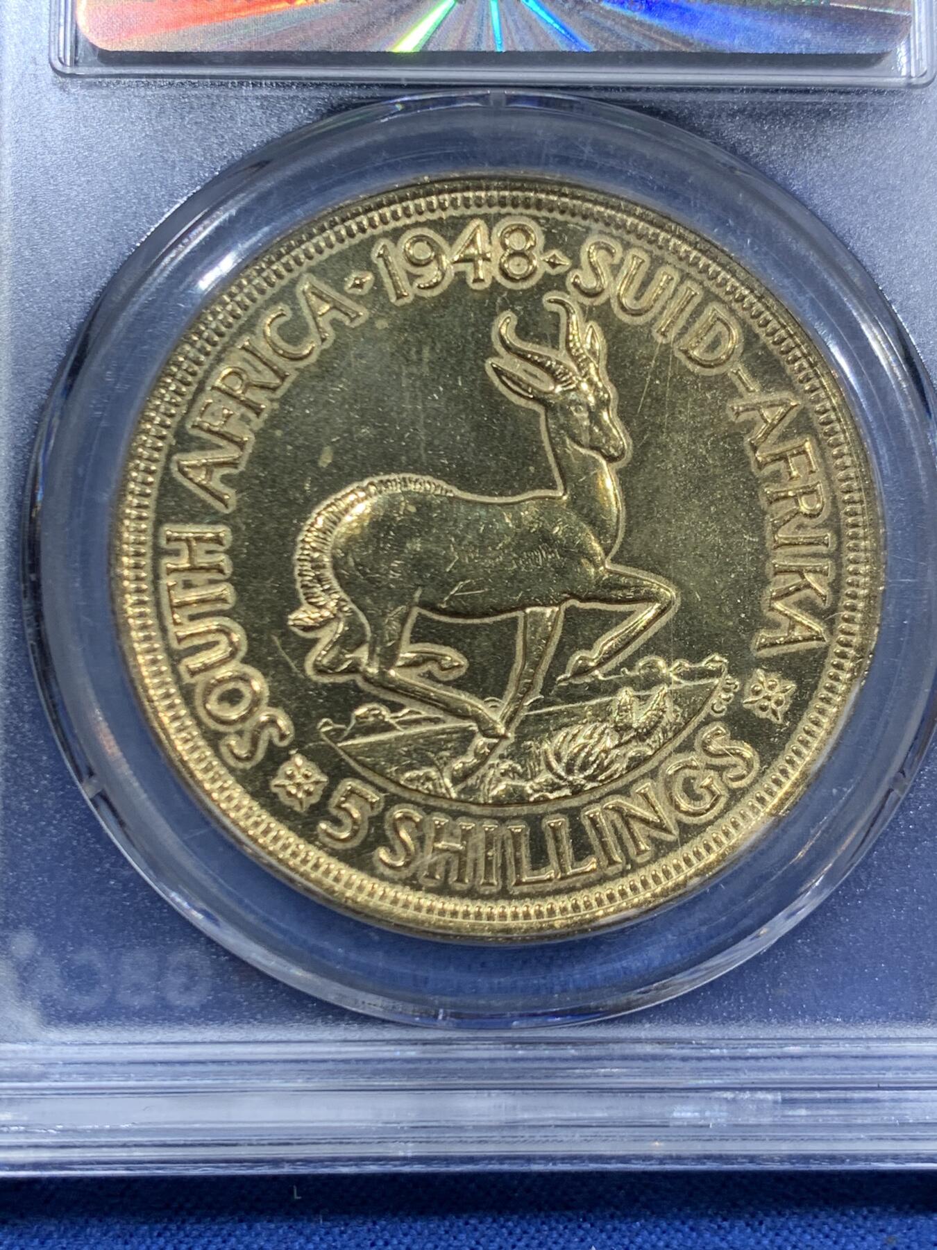 《竞宝斋》第463-465场 周日，周一，周二，3场连拍 （全场包邮）欢迎送拍 公博 MS65 南非1948年乔治六世羚羊5先令大银币 后镀金