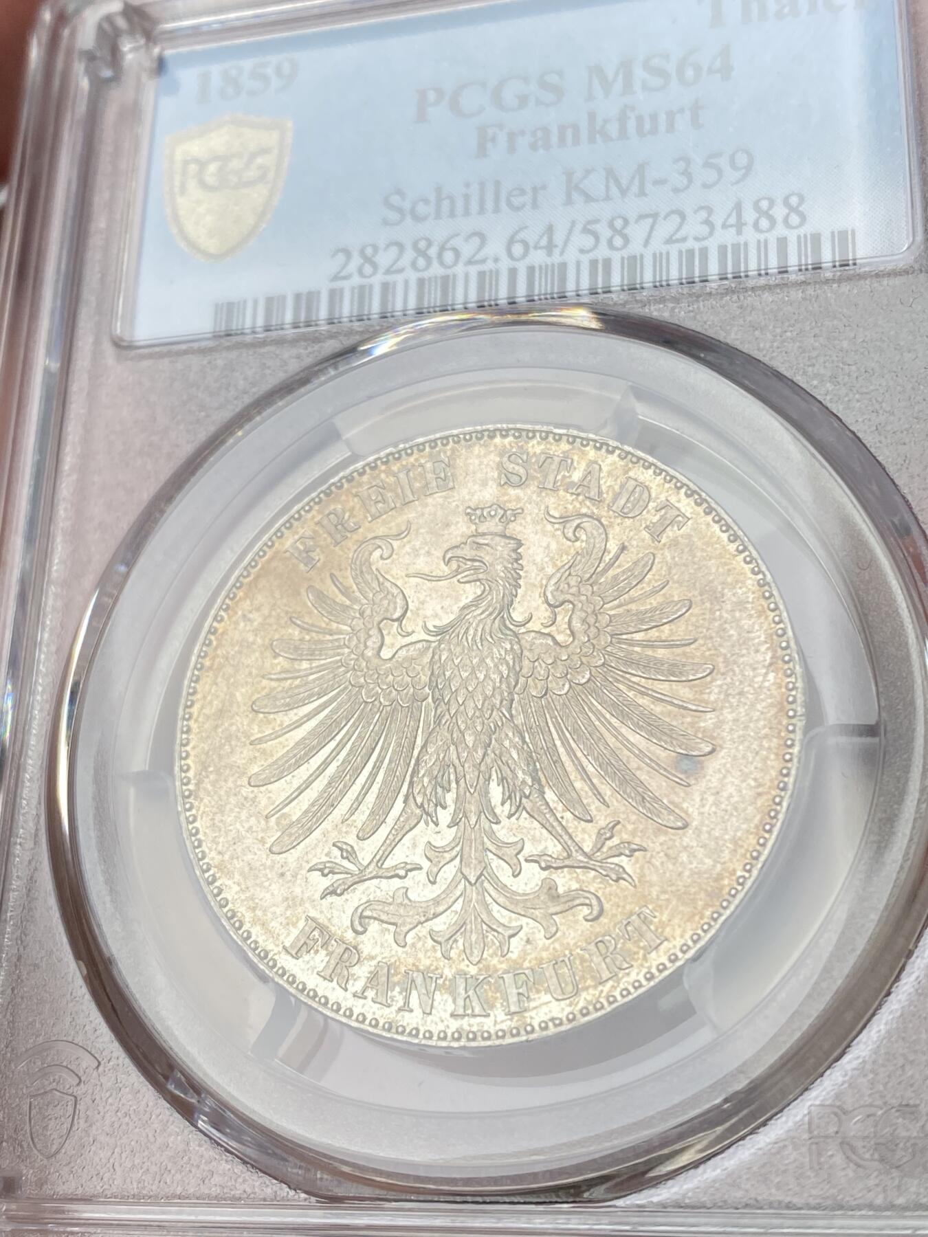 万国钱币拍卖第060期（万国六十期纪念大拍） PCGS MS64  1859德国法兰克福自由市纪念席勒诞辰百年泰勒 为纪念德国诗人弗里德里希·席勒诞辰一百周年而铸 由美因河畔法兰克福造币厂发行 双面转光香槟金彩环绕 状态出众