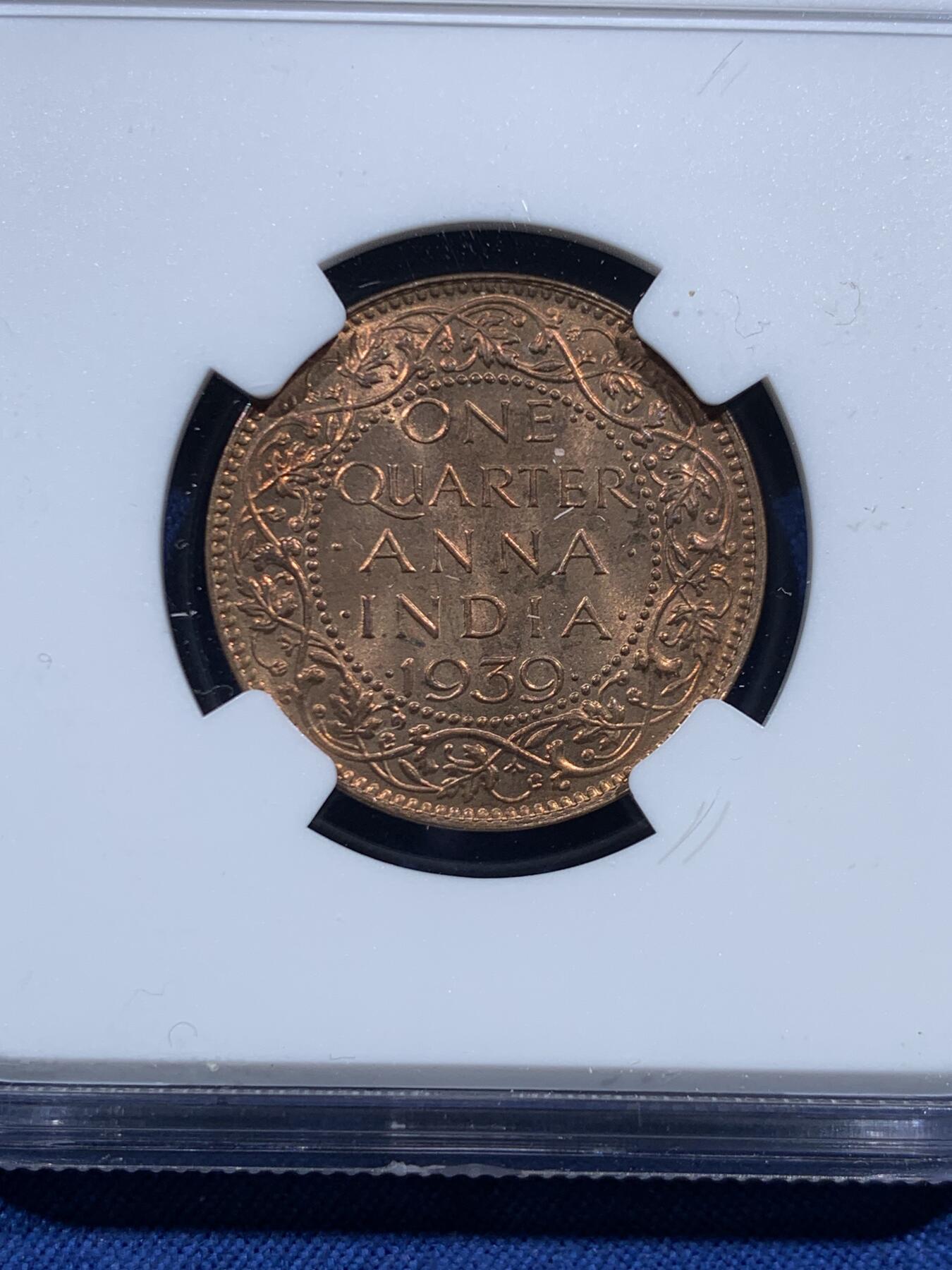 《竞宝斋》第463-465场 周日，周一，周二，3场连拍 （全场包邮）欢迎送拍 NGC MS63RB 英属印度1939年B版1/4安娜铜币