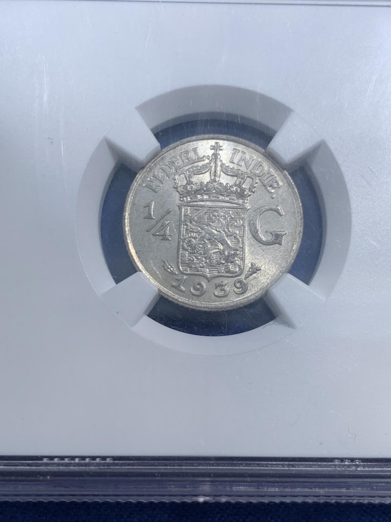 《竞宝斋》第463-465场 周日，周一，周二，3场连拍 （全场包邮）欢迎送拍 NGC MS62 荷属东印度1939年1/4盾银币 威廉明娜女王在位时期发行