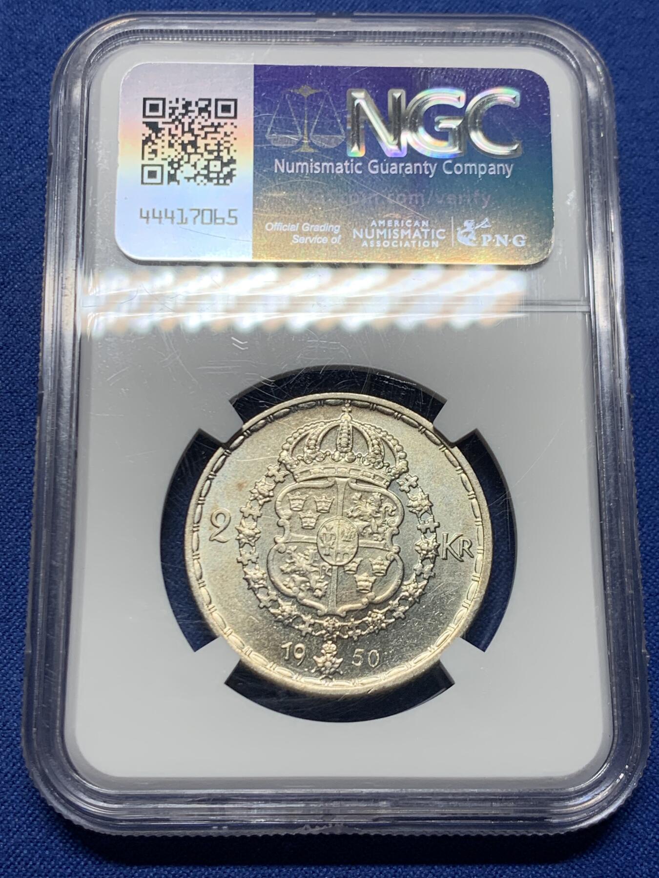 《竞宝斋》第463-465场 周日，周一，周二，3场连拍 （全场包邮）欢迎送拍 NGC MS64 瑞典 1950年 古斯塔夫五世国王 2克朗 银币