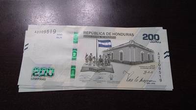 【新年十二拍】世界钱币～微拍第233期暨2026年第12期  多款老库存低价起拍 - 2021年洪都拉斯200 纪念钞全新绝品无47尾号519