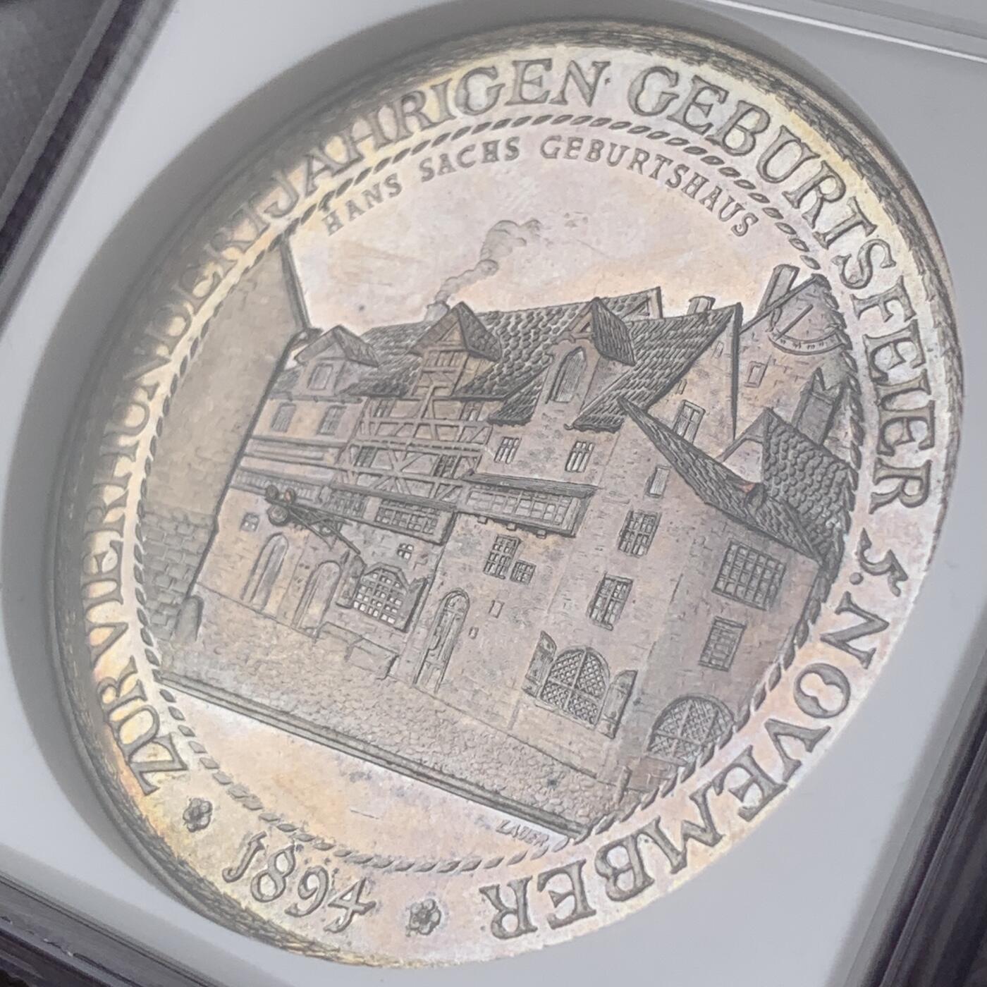 掌中浮雕-藏着的欧洲第052场 NGC MS61 : 1894年德国纽伦堡纪念汉斯·萨克斯诞辰400周年银章，45mm