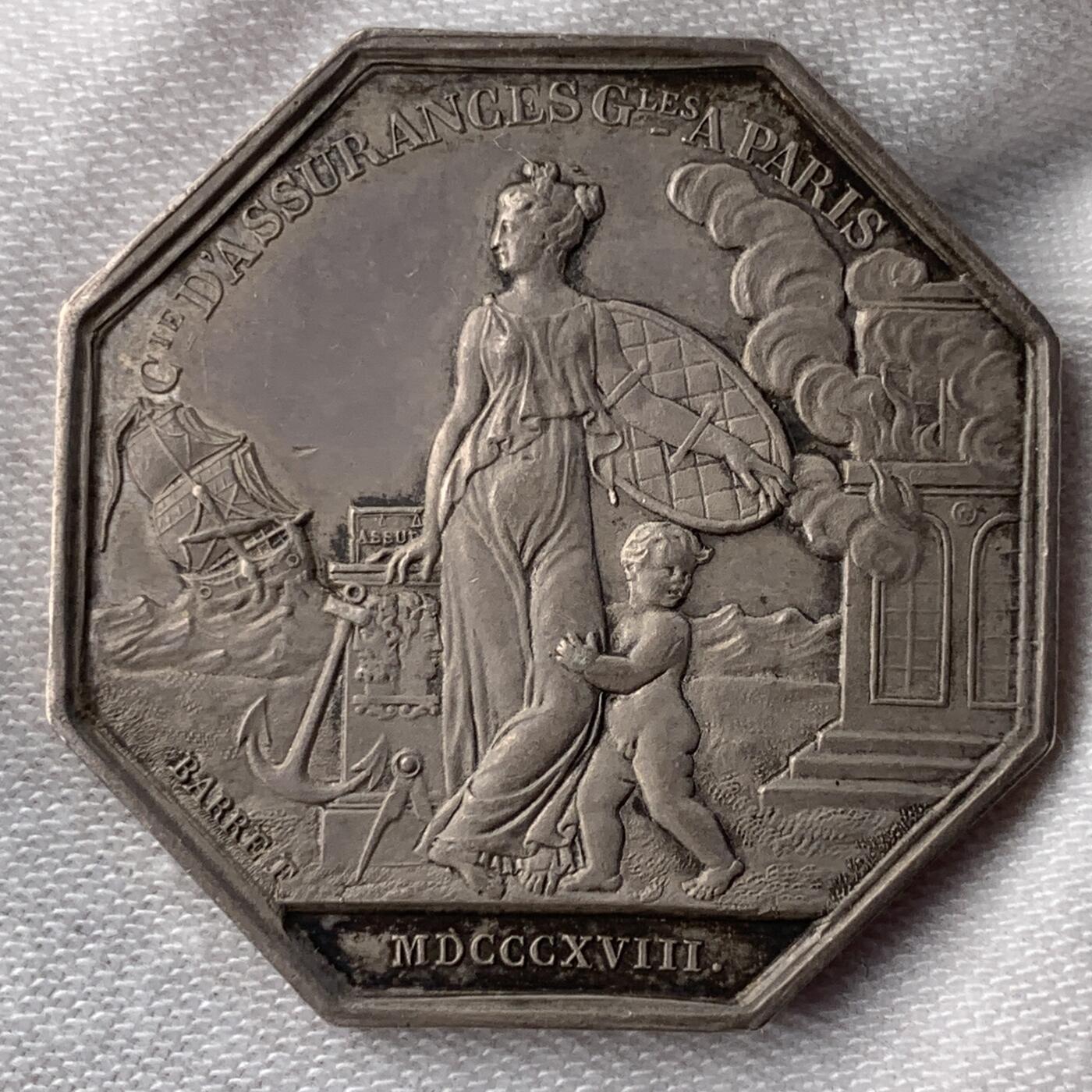 掌中浮雕-藏着的欧洲第052场 1818年法国路易十八头像巴黎保险公司八角银章，30.6mm，14g