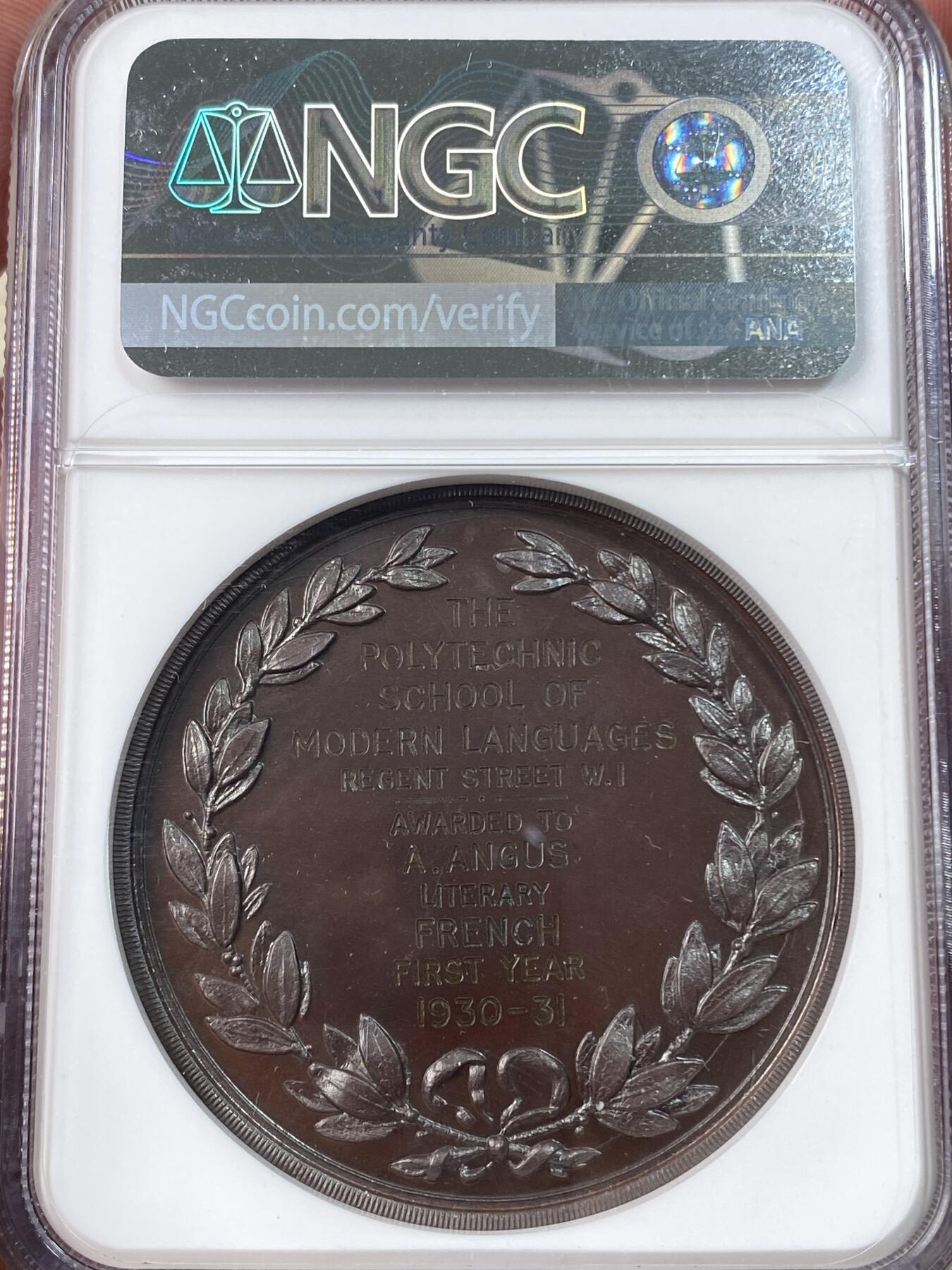 万国钱币拍卖第060期（万国六十期纪念大拍） NGC MS66 1931英国理工学院屠龙铜章 颁发给现代语言法国文学专业的A.Angus 高浮雕肉眼无瑕GEM品质
