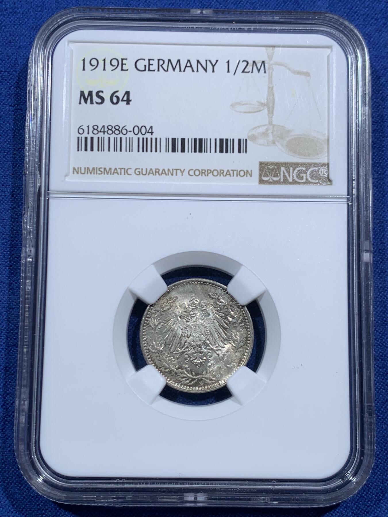 《竞宝斋》第463-465场 周日，周一，周二，3场连拍 （全场包邮）欢迎送拍 NGC MS64 德国1919年威廉二世1/2马克银币 末年高分好品 帝国马克的绝唱 值得收藏