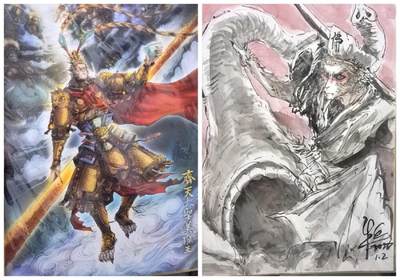 亡灵潮玩 马年第二场 2月3日 晚8点截拍 - 【手绘版画】北京GAF插画节展半廷精致手绘上色正面齐天大圣背面狮驼岭大战黄牙老象带老师亲签