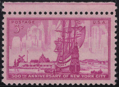洪涛臻品批发群 精选邮票限时拍卖第1244期  - 1953美国纽约市300年-海滨风光1全新带色线 帆船等 雕刻版原胶全品！