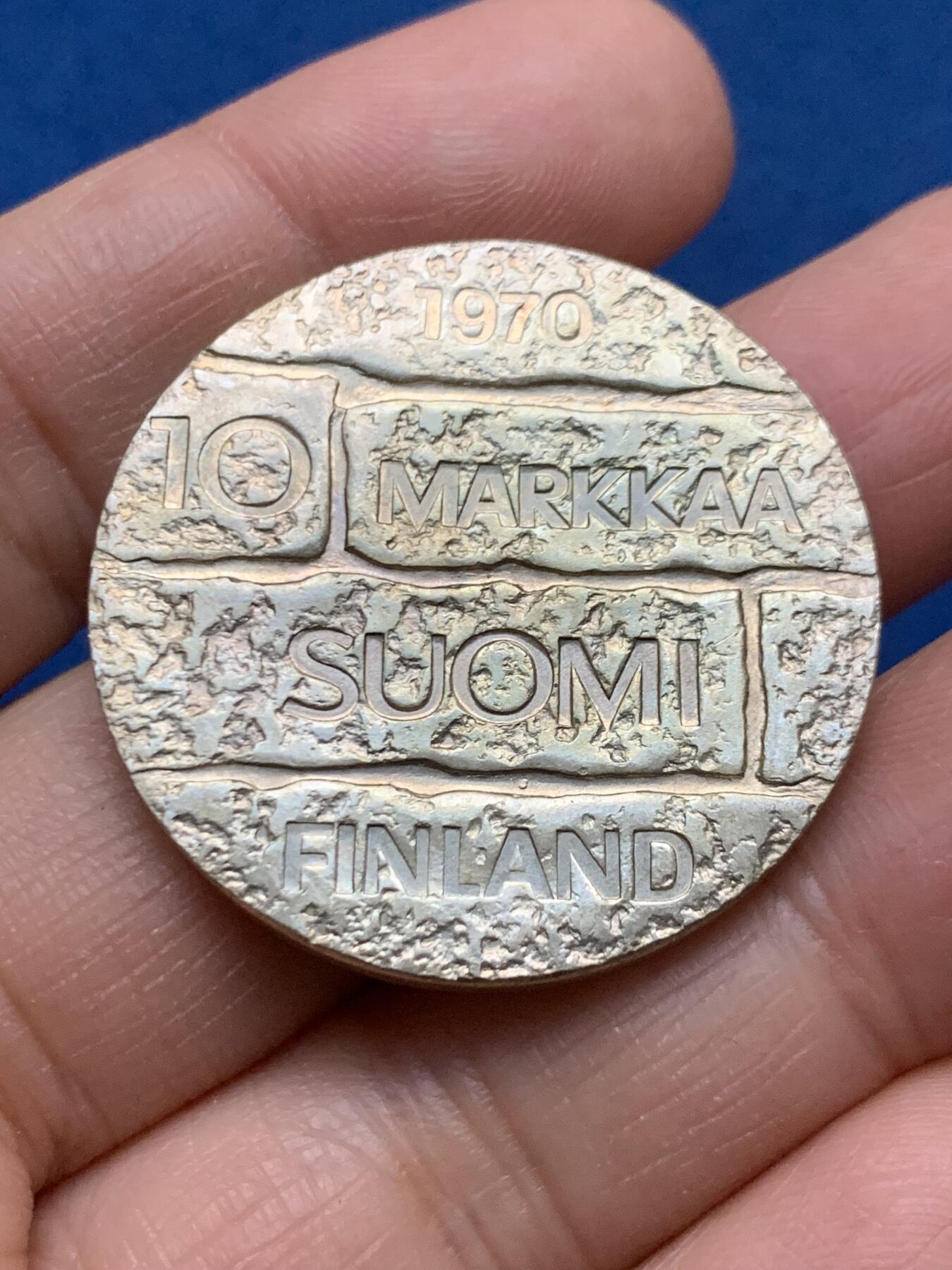 《竞宝斋》第463-465场 周日，周一，周二，3场连拍 （全场包邮）欢迎送拍 芬兰1970年10马克帕西基维纪念银币，22.85g，500银，带较为浓重的香槟色包浆